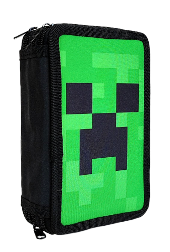 Zielony piórnik 3-komorowy z wyposażeniem - Minecraft Face 20 x 13 x 6.5 cm
