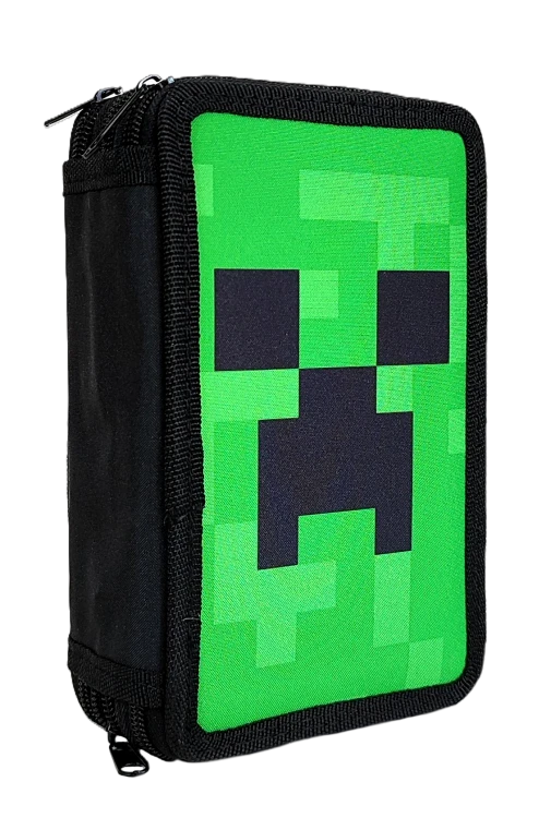 Zielony piórnik 3-komorowy z wyposażeniem - Minecraft Face 20 x 13 x 6.5 cm