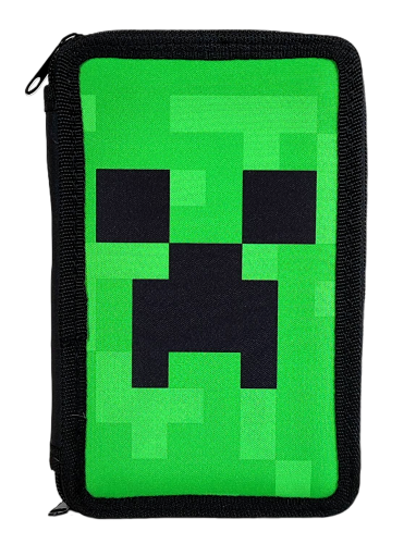 Zielony piórnik 3-komorowy z wyposażeniem - Minecraft Face 20 x 13 x 6.5 cm