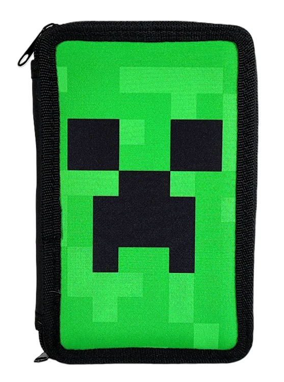 Zielony piórnik 3-komorowy z wyposażeniem - Minecraft Face 20 x 13 x 6.5 cm