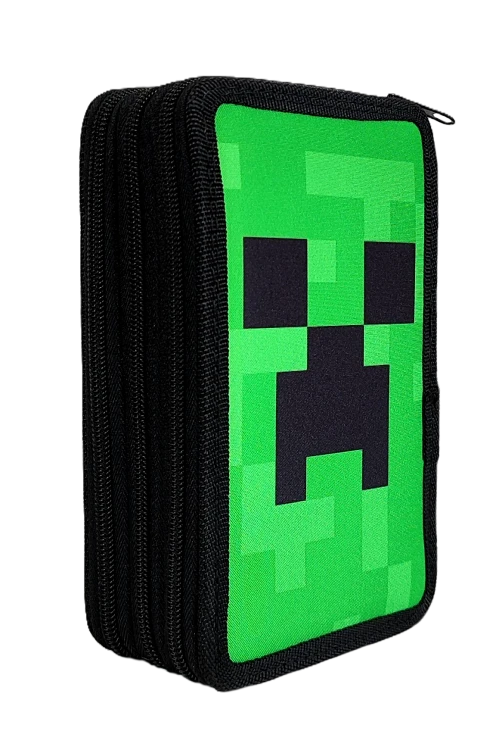 Zielony piórnik 3-komorowy z wyposażeniem - Minecraft Face 20 x 13 x 6.5 cm