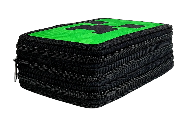 Zielony piórnik 3-komorowy z wyposażeniem - Minecraft Face 20 x 13 x 6.5 cm
