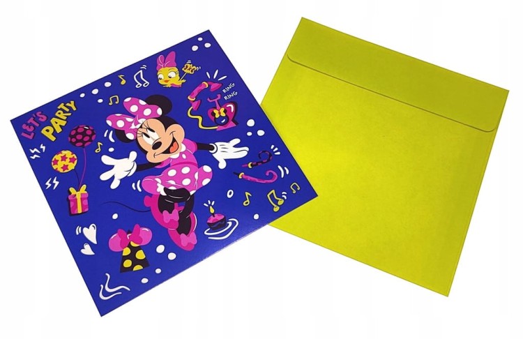Zaproszenia urodzinowe z kopertami Disney Myszka Minnie 12 x 12 cm