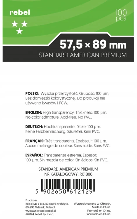 Koszulki na karty Rebel 57,5x89 mm Orion Standard American Premium 100 szt