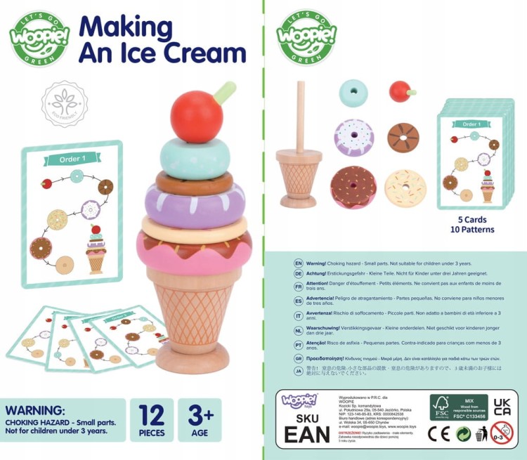 Woopie Green Drewniane lody - układanka Montessori cukiernia dla dzieci.