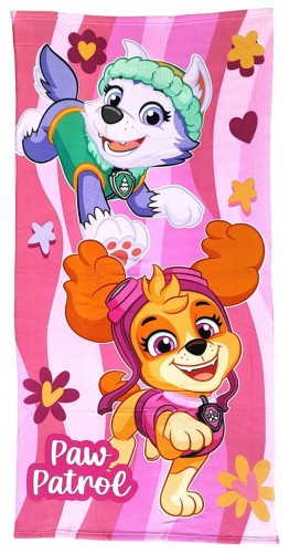 Różowy ręcznik kąpielowy Psi Patrol Everest i Skye 70 x 140 cm