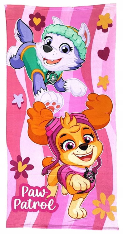 Różowy ręcznik kąpielowy Psi Patrol Everest i Skye 70 x 140 cm