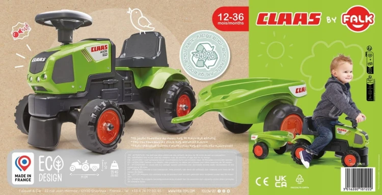 FALK Traktorek Baby Claas Axos 310 Zielony z Przyczepką