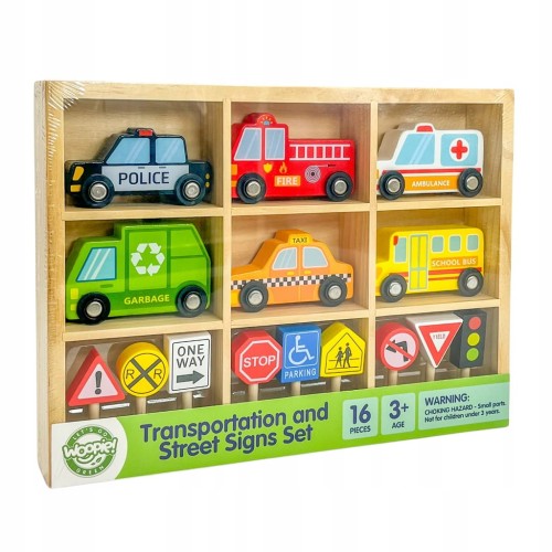 Woopie Green Zestaw drewnianych pojazdów i znaków drogowych