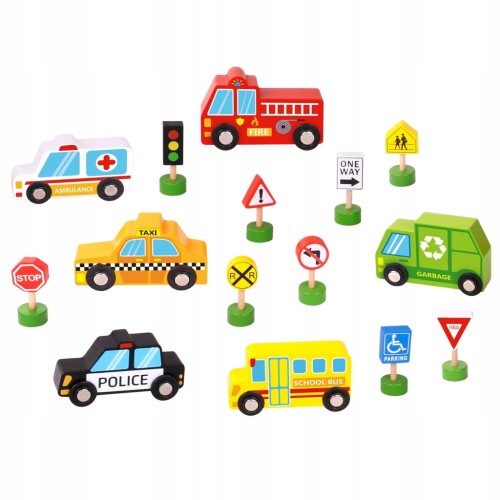 Woopie Green Zestaw drewnianych pojazdów i znaków drogowych