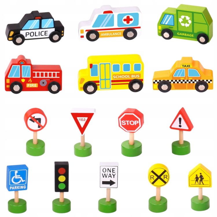 Woopie Green Zestaw drewnianych pojazdów i znaków drogowych