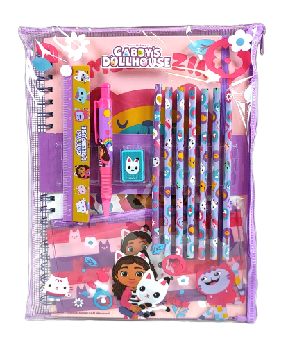 Zestaw artykułów szkolnych w dużej saszetce A4 - Koci domek Gabi.