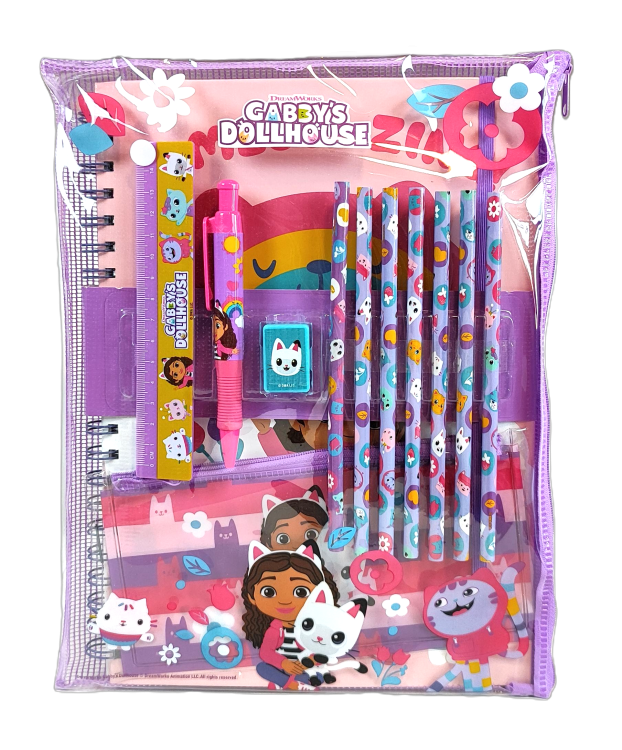 Zestaw artykułów szkolnych w dużej saszetce A4 - Koci domek Gabi.