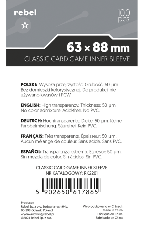 Koszulki na karty Rebel (63x88 mm) Corvus Inner Sleeve Light, 100 sztuk