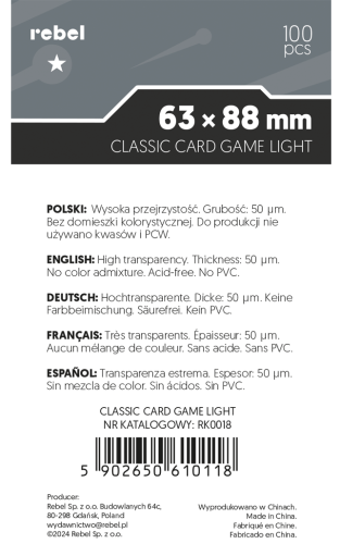 Koszulki na karty Rebel (63x88 mm) Corvus Light, 100 sztuk