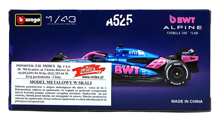 Bburago 1:43 BOLID F1 BWT Alpine Team A525 2025 Pierre Gasly