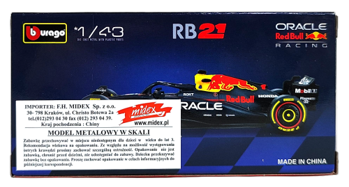 Bburago 1:43 BOLID F1 Red Bull Racing RB21 Verstappen Bahrajn GP