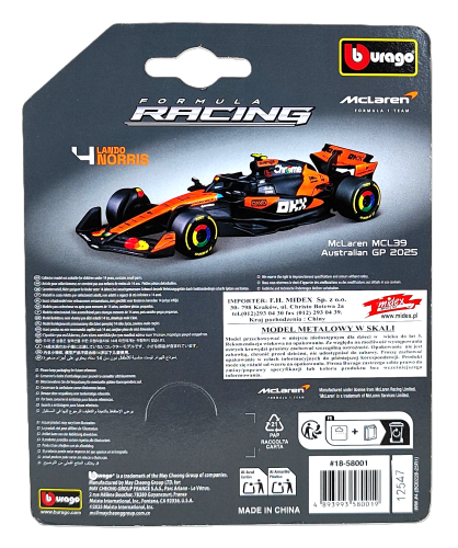 Bburago 1:64 BOLID F1 McLaren MCL39 Norris GP Australii 2025
