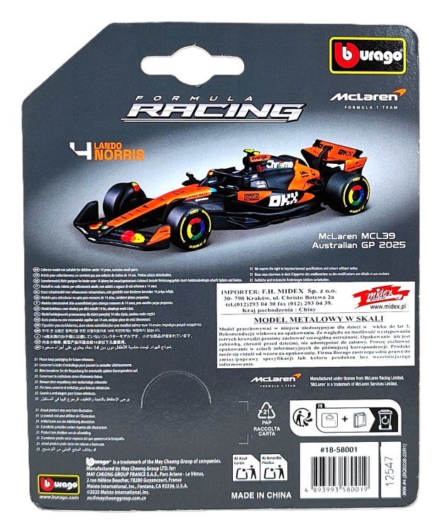 Bburago 1:64 BOLID F1 McLaren MCL39 Norris GP Australii 2025