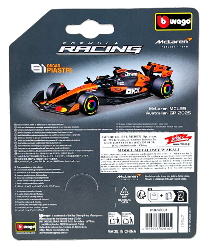 Bburago 1:64 BOLID F1 McLaren MCL39 Piastri GP Australii 2025